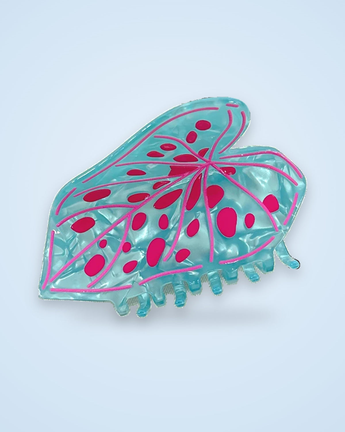 Aqua Freckle aqua blue caladium leaf claw clip with magenta spots