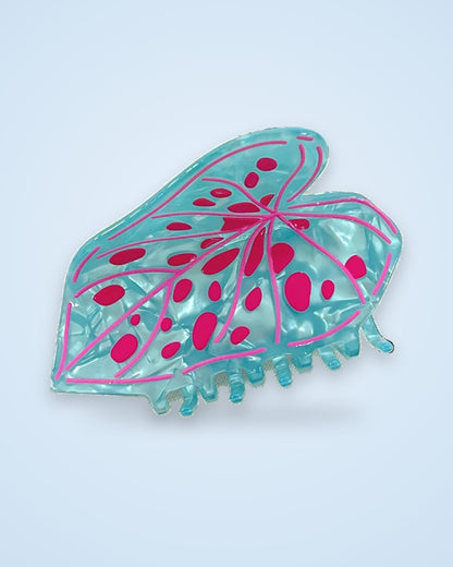 Aqua Freckle aqua blue caladium leaf claw clip with magenta spots