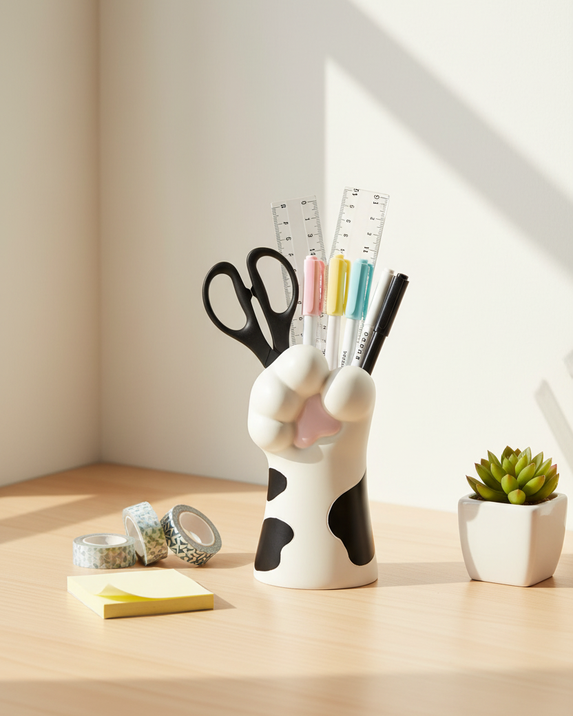 Black & White Cow-Print Cat Paw Vase – Stationery Holder Lifestyle Shot