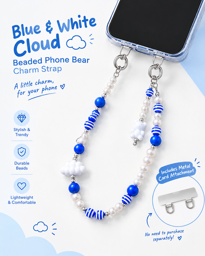 Blue & White Cloud Beaded Phone Bear Charm Strap