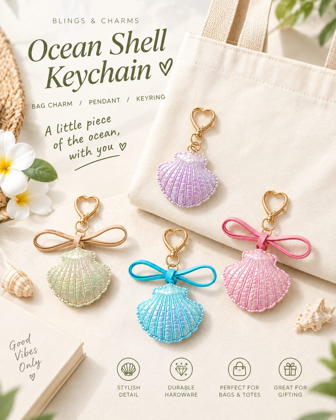 Ocean Shell PU Leather Keychain & Bag Charm | Coastal Chic Pendant Keyring