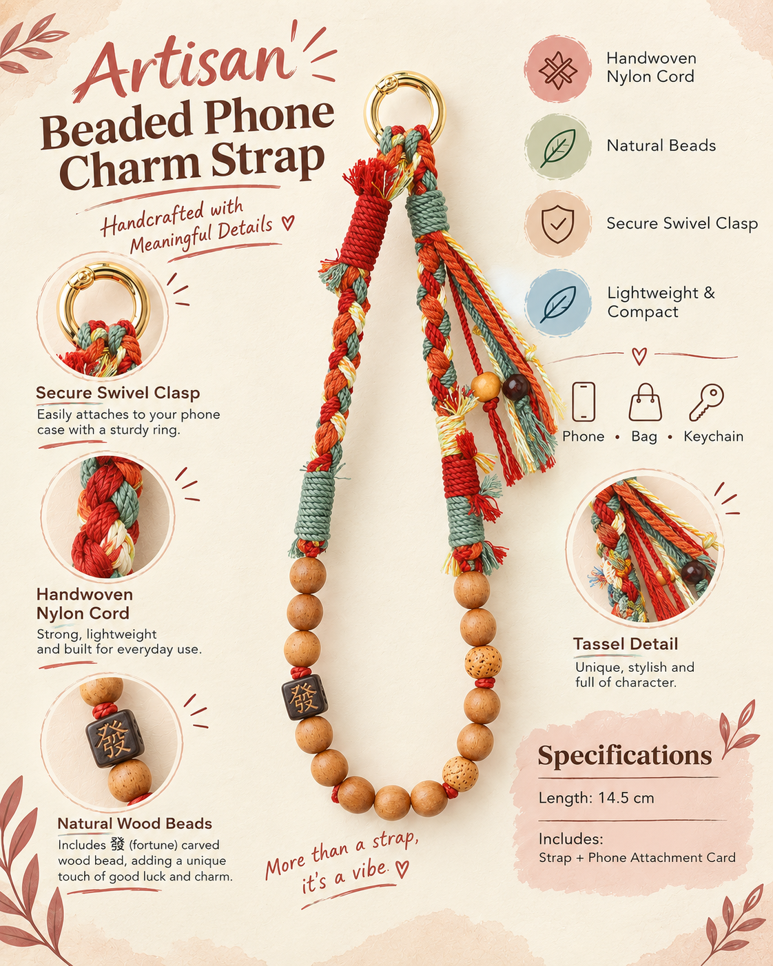 Artisan Beaded Phone Earth Charm Strap