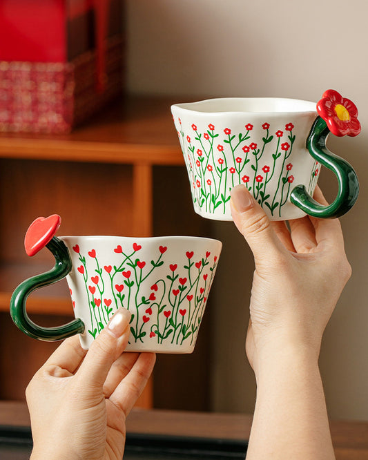 Red Blossom Ceramic Mug with Heart & Flower Handle – 300ml Gift Box