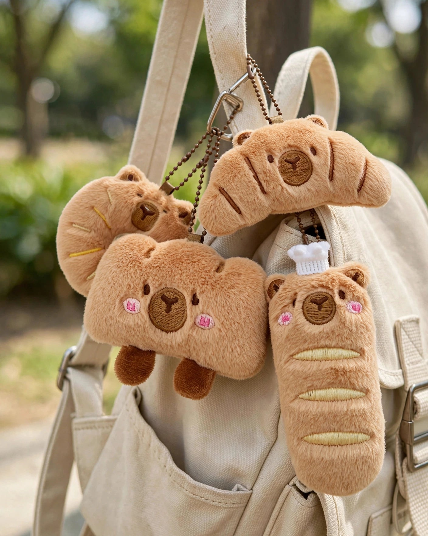 Four plush croissant-shaped keychain accessories with embroidered faces and stitched details, hanging from a beige backpack strap outdoors.