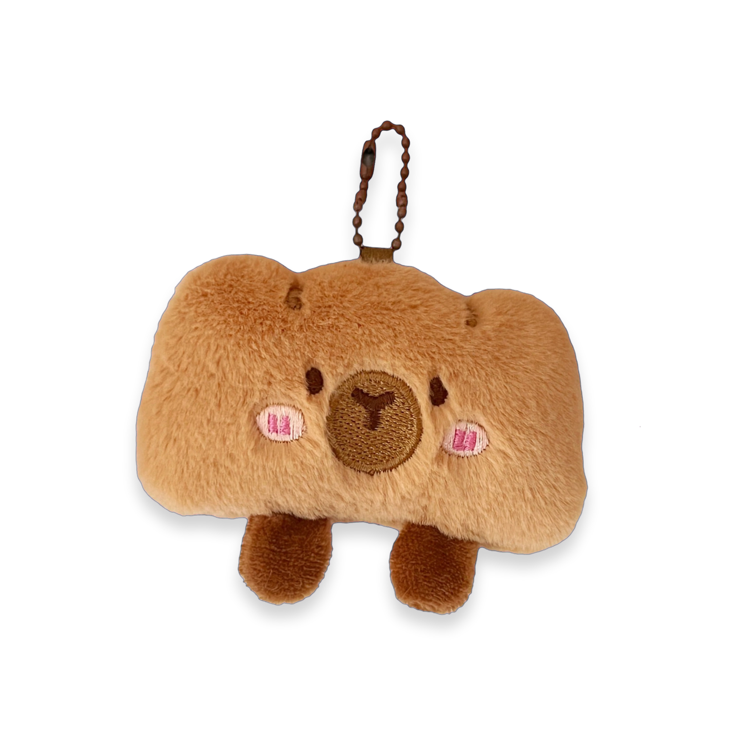 A brown plush bear-shaped keychain pouch with embroidered pink cheeks and a small hanging loop, shown on a plain white background.