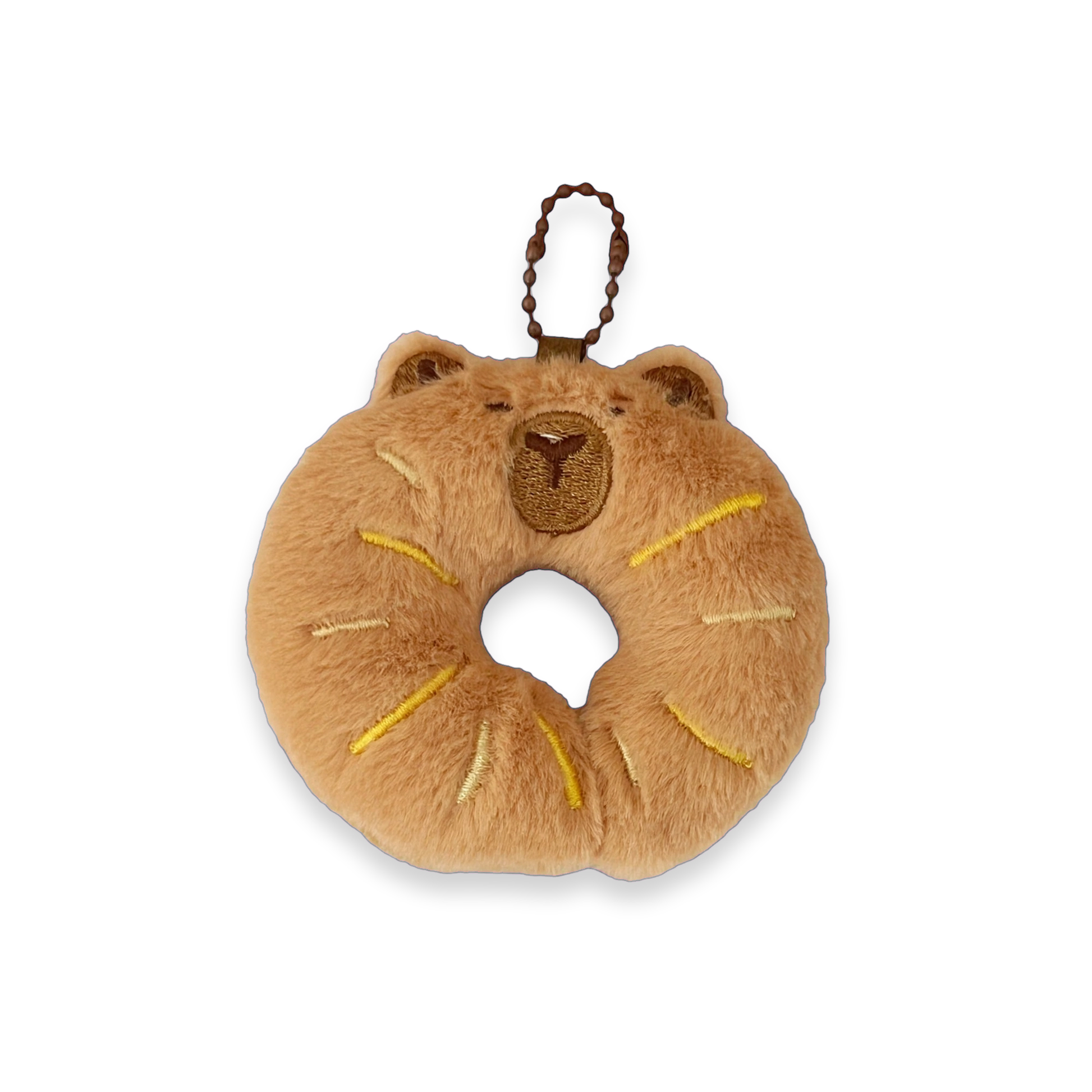 A plush bear-shaped donut keychain in light brown with yellow stitched frosting details and a brown braided loop at the top, shown on a plain white background.