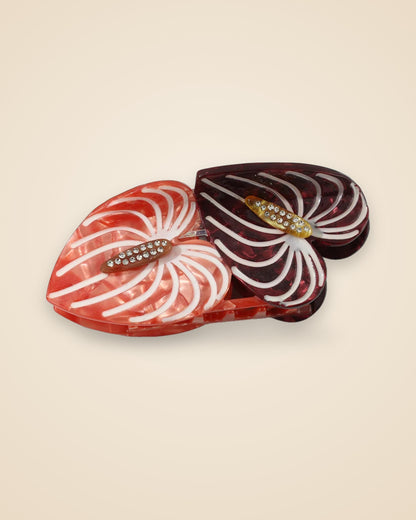 Cocoa & Coral Anthurium double anthurium acetate claw clip with rhinestone spadix