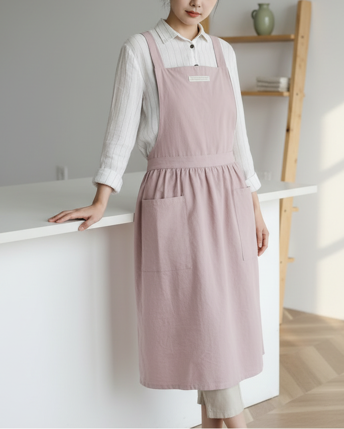 A woman wearing a dusty pink linen apron over a white collared shirt, standing in a bright, modern kitchen setting with a wooden shelf in the background.