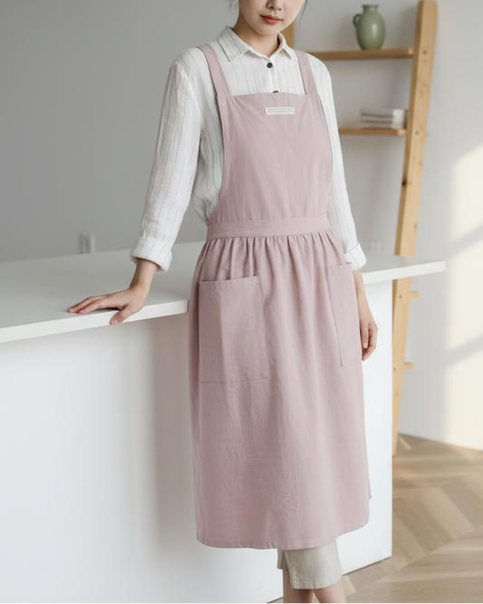 A woman wearing a dusty pink linen apron over a white collared shirt, standing in a bright, modern kitchen setting with a wooden shelf in the background.