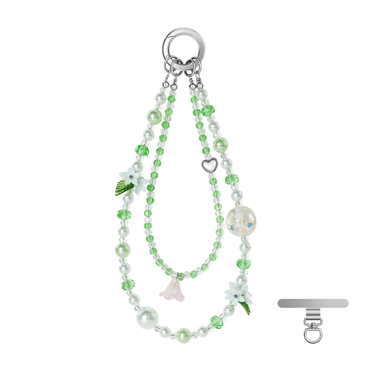 Green Jasmine beaded phone wristlet with metal tether pad