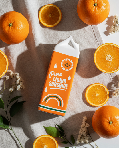 An orange juice carton vase labeled 'Pure Liquid Sunshine' is arranged on a light fabric surface with whole and sliced oranges, green leaves, and small white flowers around it.
