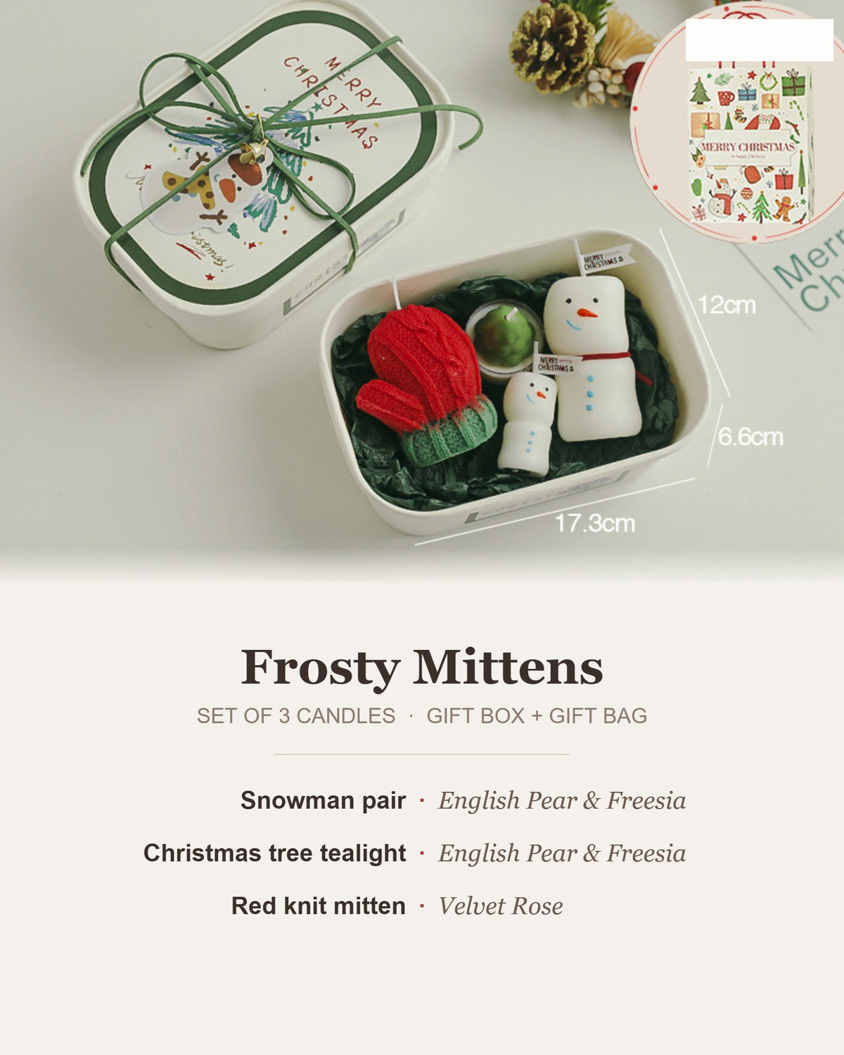 Frosty Mittens Christmas candle gift set contents and scents