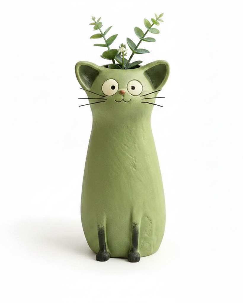 Green Cat Vase – With Soft Shadow