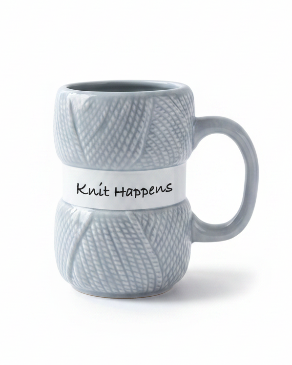 A light gray ceramic mug designed to look like a ball of yarn, featuring a textured knit pattern and a white band with the text 'Knit Happens'.