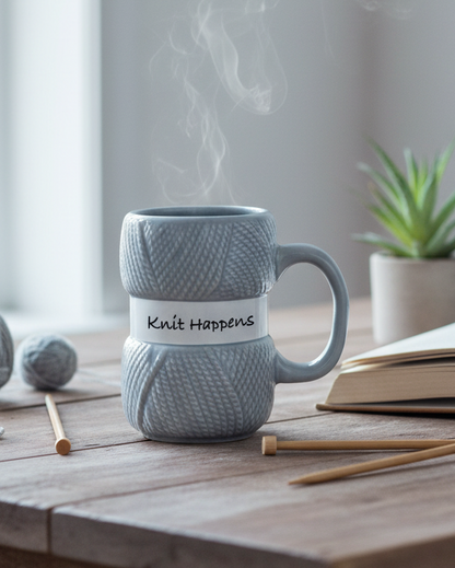 A gray textured ceramic mug with a white band reading 'Knit Happens' sits on a wooden table, surrounded by knitting yarn, needles, an open book, and a small potted plant in a softly lit room.