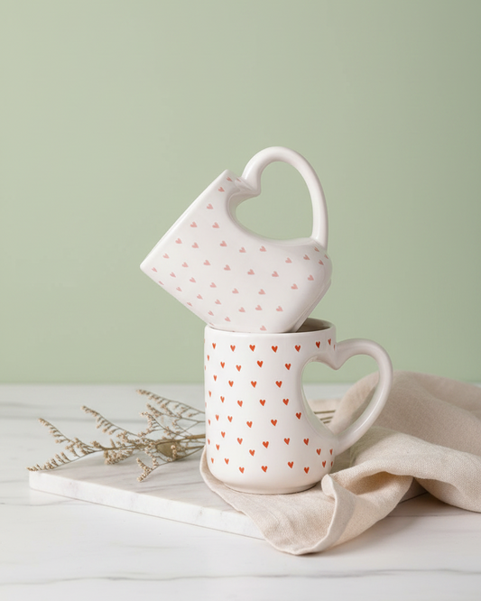 Two white ceramic mugs with heart patterns, one stacked on top of the other in a balanced stack. The bottom mug features small orange hearts, while the top mug features small pink hearts.