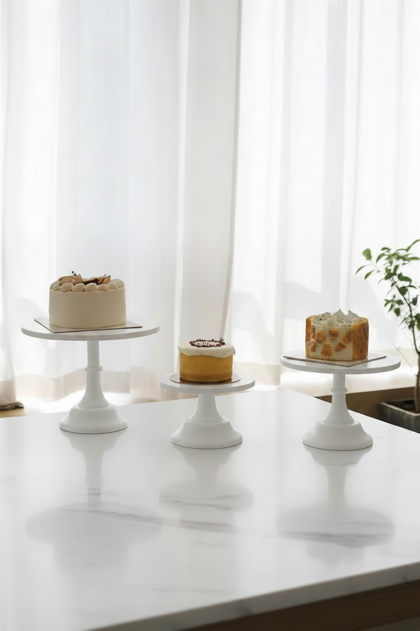 White Nordic cake stands lifestyle hero shot with cakes
