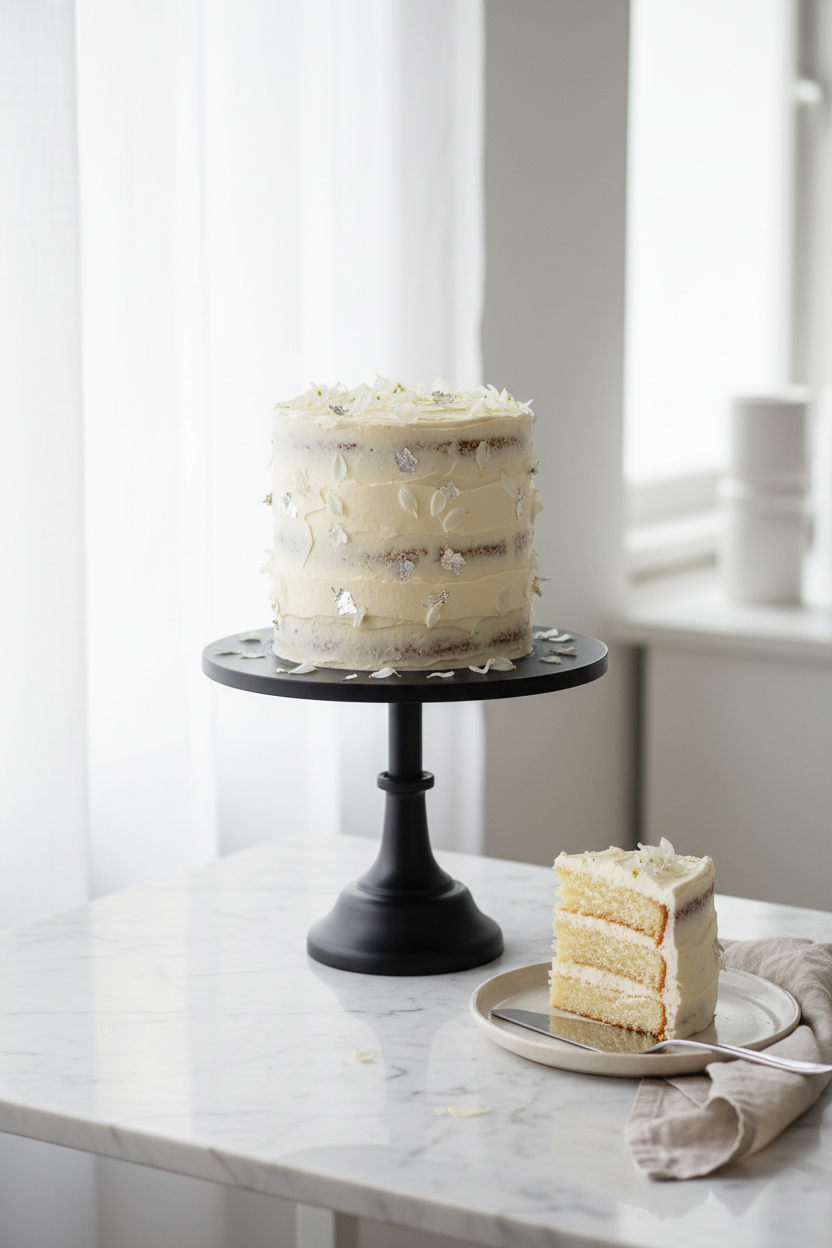 Large black Nordic cake stand with cream celebration cake on marble surface