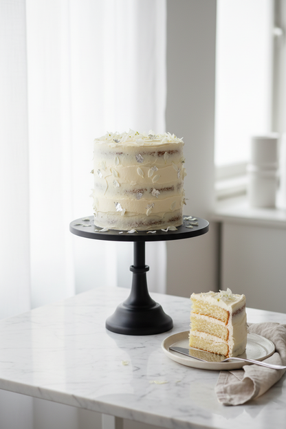Large black Nordic cake stand with cream celebration cake on marble surface
