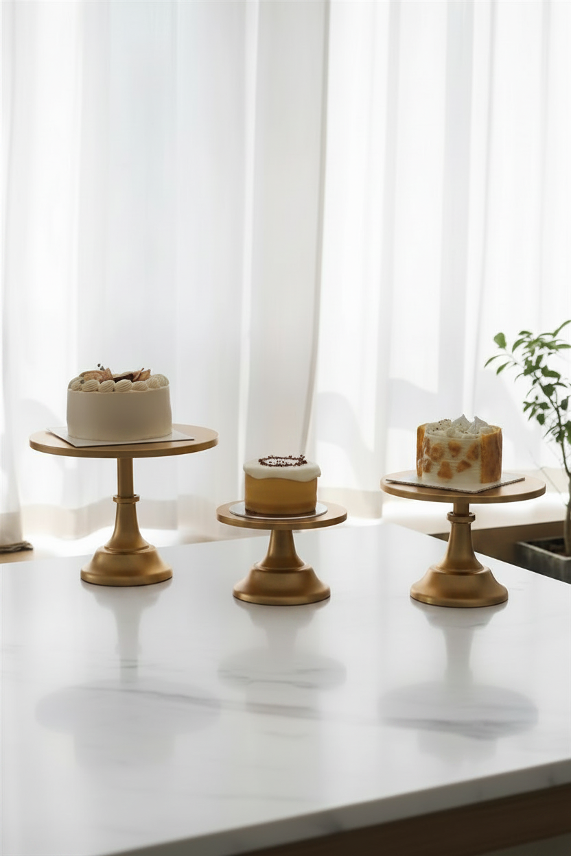 Gold Nordic cake stands lifestyle hero shot with cakes on marble