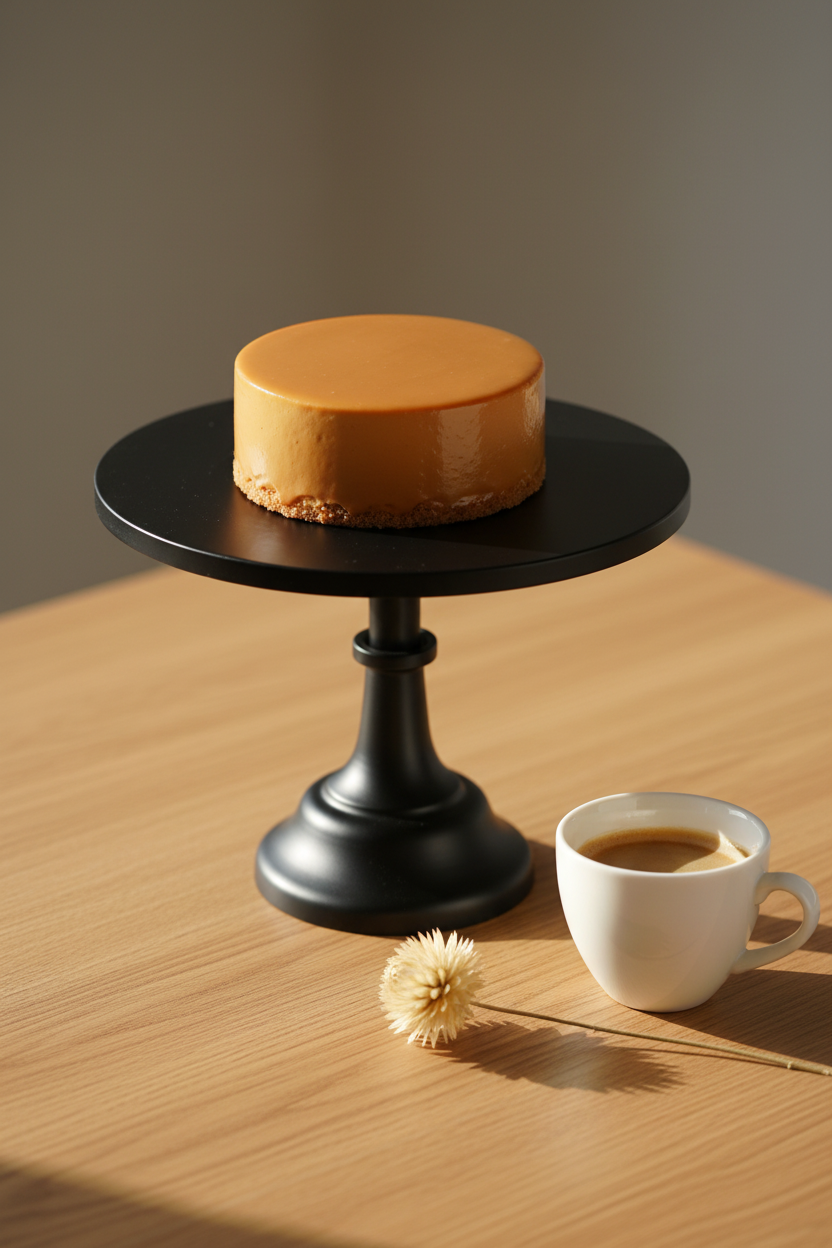 Medium black Nordic cake stand with caramel mousse cake on oak surface
