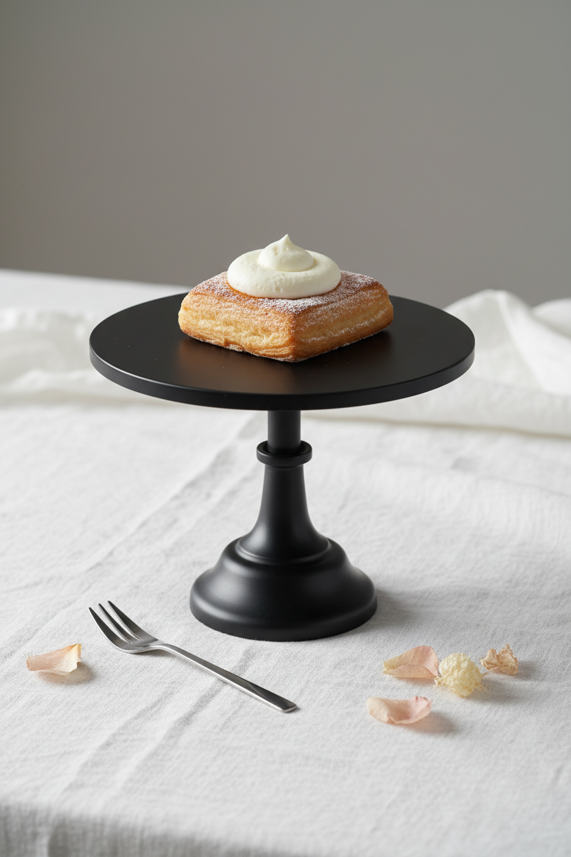 Small black Nordic cake stand with square pastry on white linen