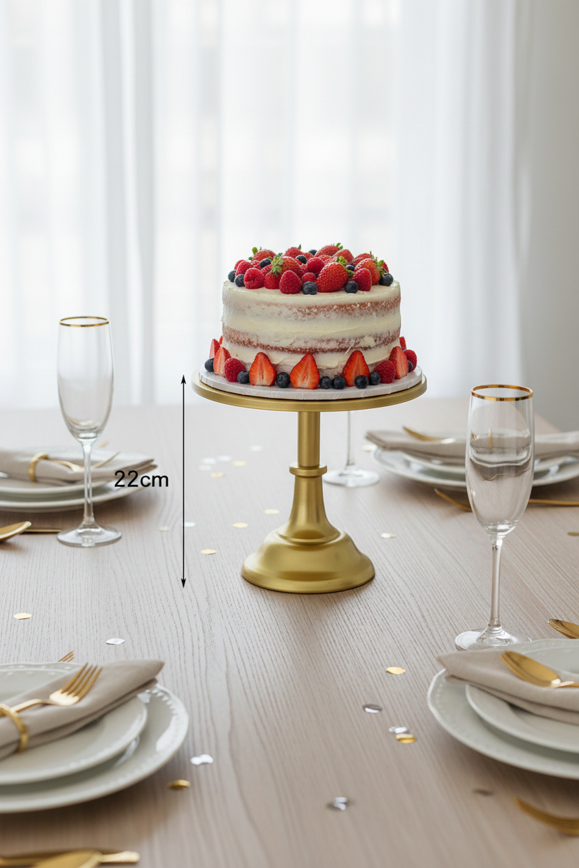 Gold Nordic cake stand medium studio shot with dimensions 25cm x 22cm