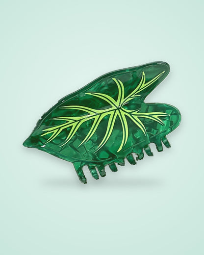 Jungle Ivory Vein dark green leaf claw clip with cream veins