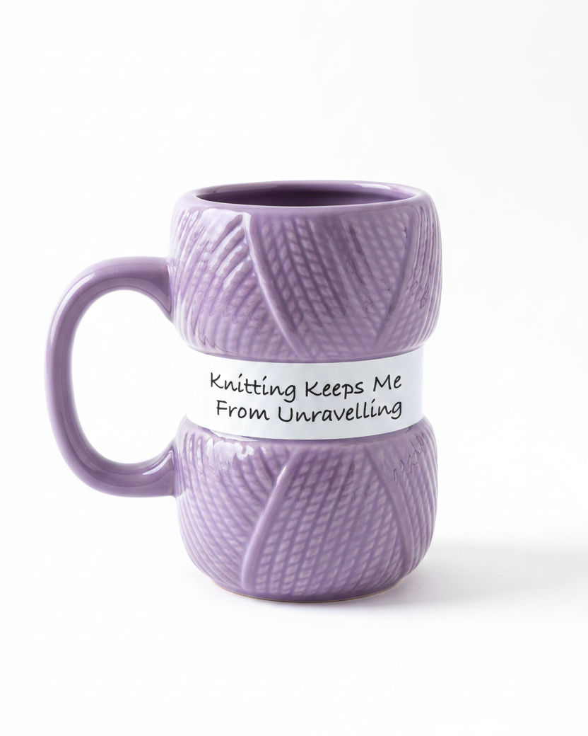 A purple ceramic mug designed to look like a ball of yarn, featuring a white paper band wrapped around the middle with the text 'Knitting Keeps Me From Unravelling' in black script.
