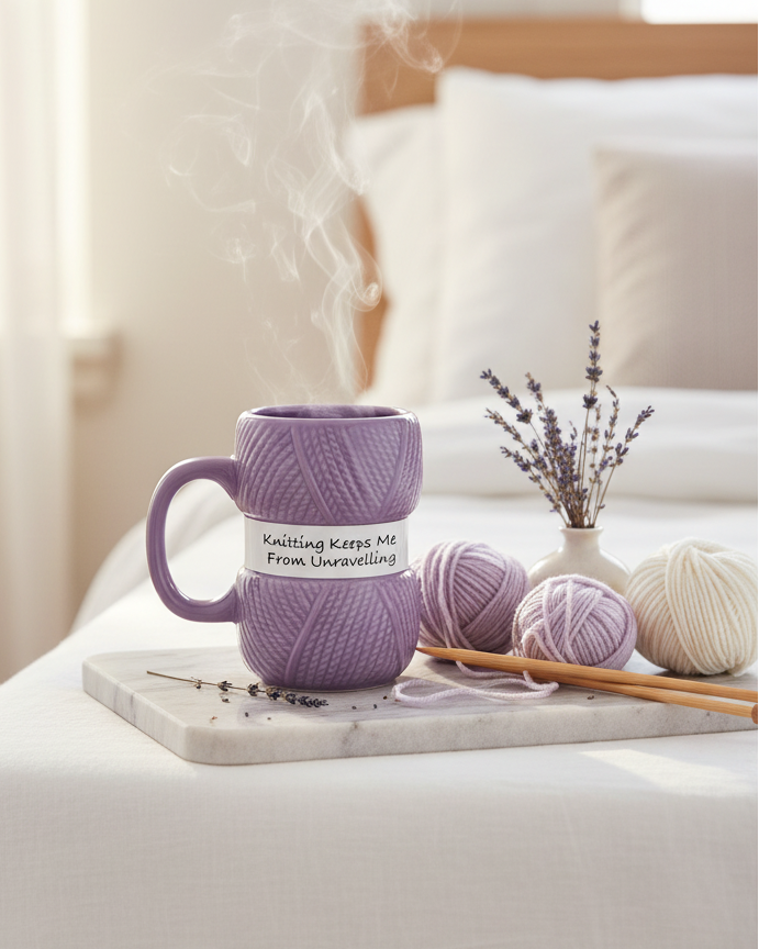A purple knit-texture mug with a white label reading 'Knitting Keps Me From Unknitting' sits on a bed with steam rising. Purple and cream yarn balls, wooden knitting needles, and dried lavender sprigs are arranged beside it in a softly lit bedroom setting.