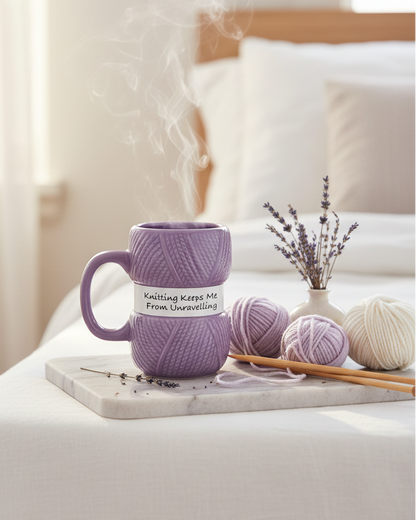 A purple knit-texture mug with a white label reading 'Knitting Keps Me From Unknitting' sits on a bed with steam rising. Purple and cream yarn balls, wooden knitting needles, and dried lavender sprigs are arranged beside it in a softly lit bedroom setting.
