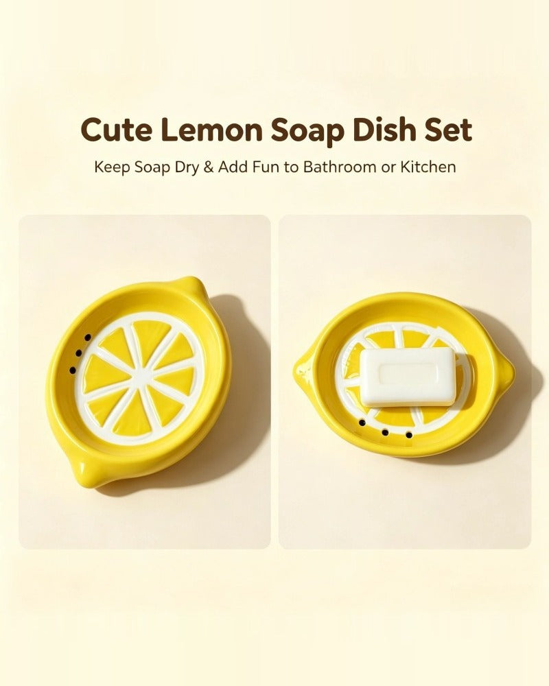 Lemon ceramic soap dish, empty and holding a bar of soap