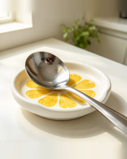 Lemon slice ceramic spoon rest holding a steel ladle on a kitchen counter