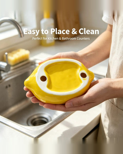Hands holding lemon soap dish over a kitchen sink