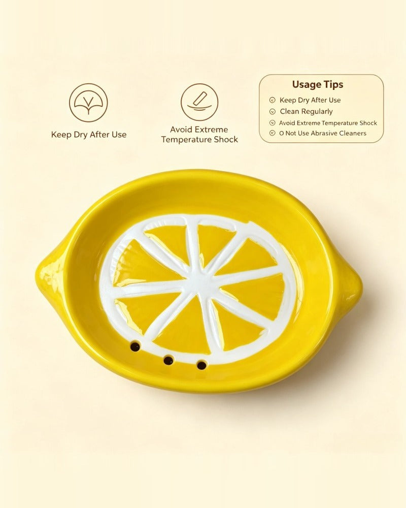 Lemon ceramic soap dish with usage and care tips