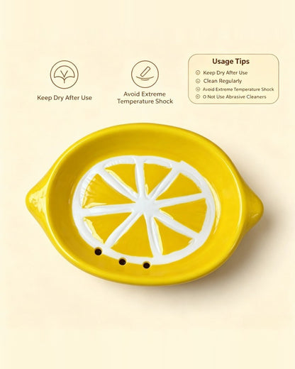 Lemon ceramic soap dish with usage and care tips