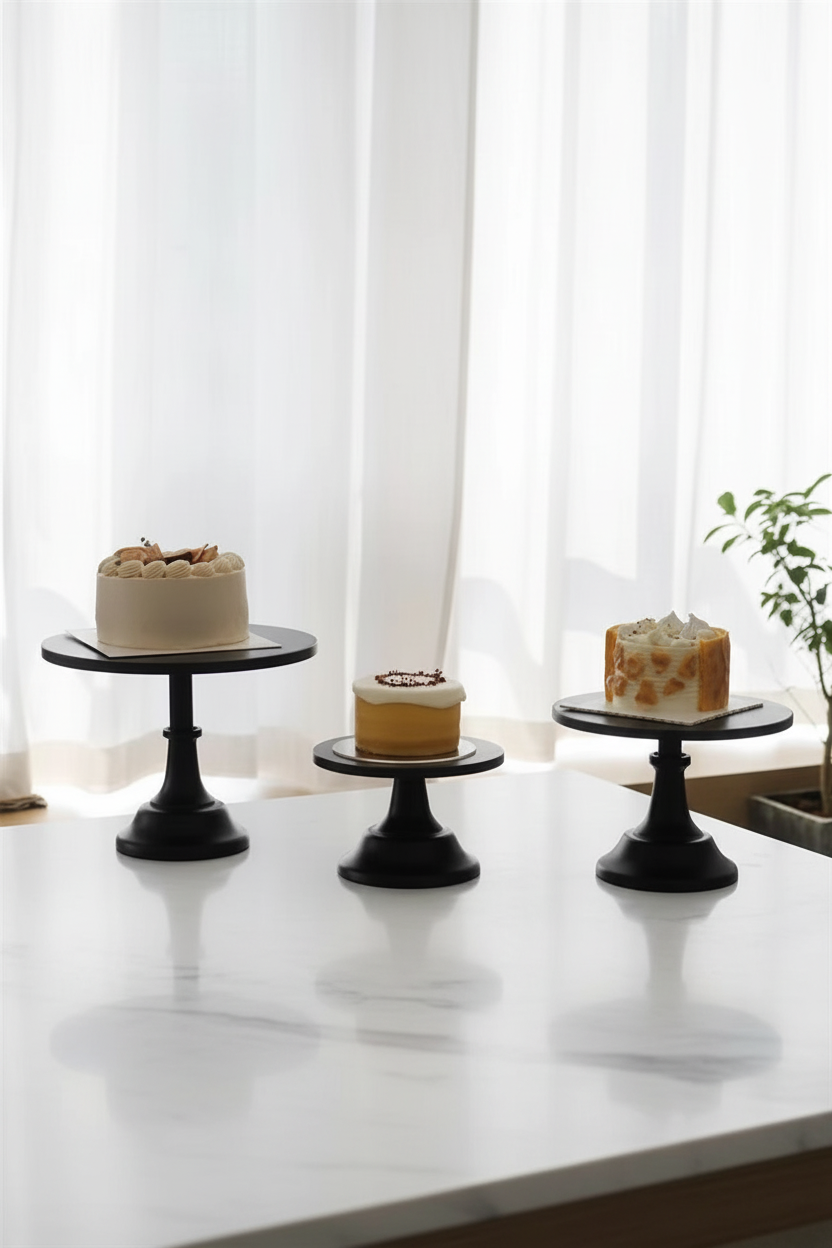 Three black round cake stands with pedestal bases are arranged on a white marble countertop in a bright kitchen setting, holding three decorated cakes in front of sheer white curtains.