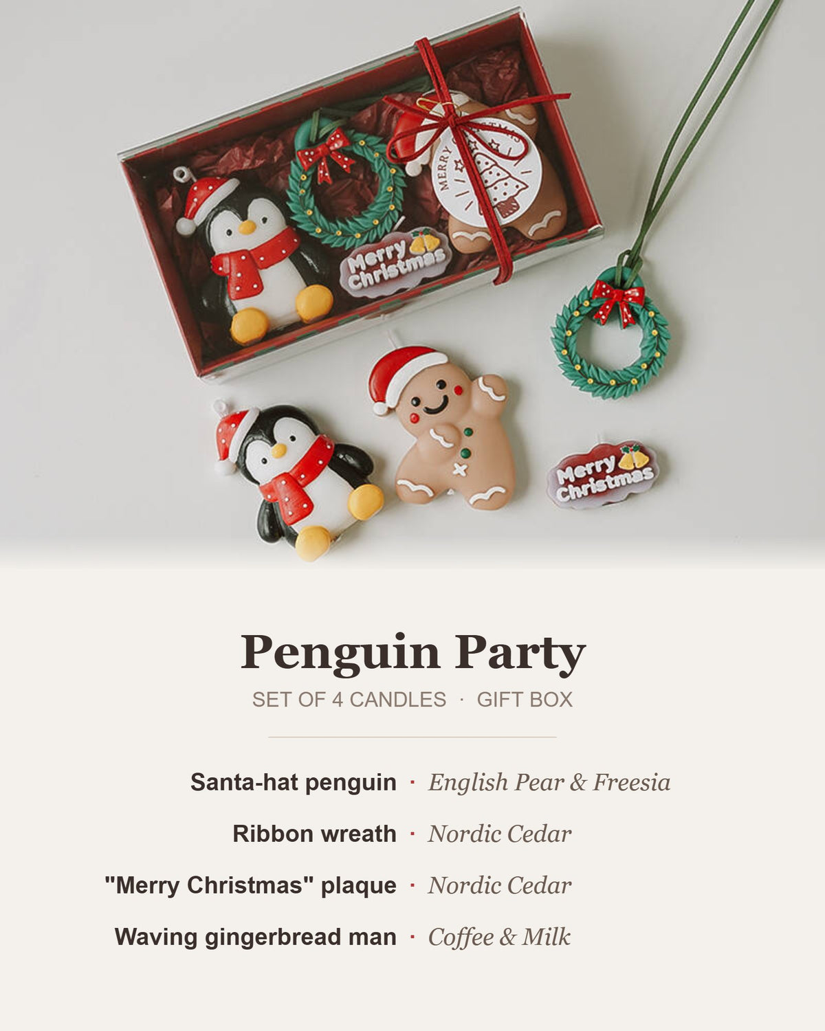 Penguin Party Christmas candle gift set contents and scents