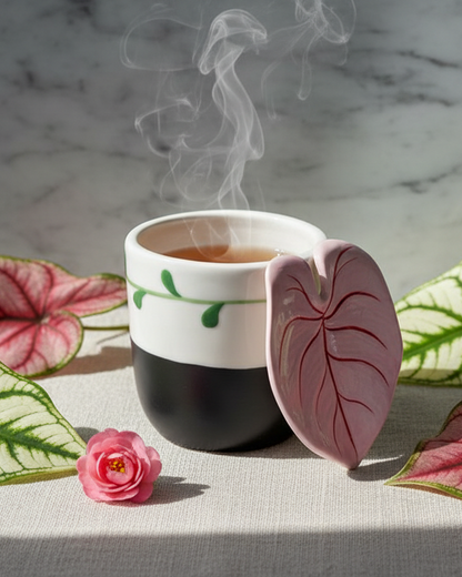 A ceramic mug filled with a hot beverage, with steam rising, styled with a pink leaf-shaped lid leaning against it. The mug has a white top half with a green vine design and a black bottom half.