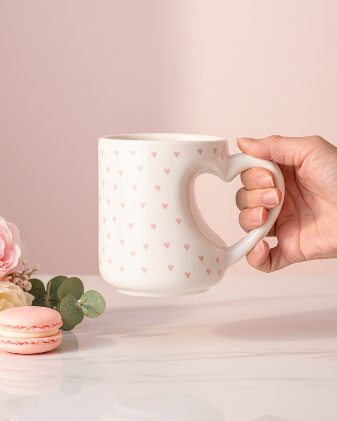 Pink Heart Mug – Hand Holding Pastel Lifestyle