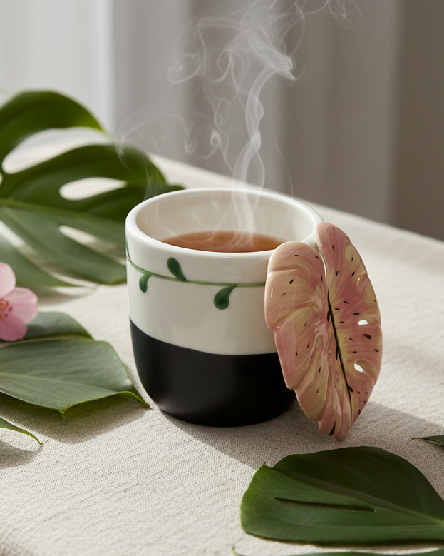 A ceramic cup with a white upper half, black lower half, and green leaf accents, filled with steaming tea and balanced by a pink monstera leaf-shaped lid or coaster on a beige fabric surface with green leaves.