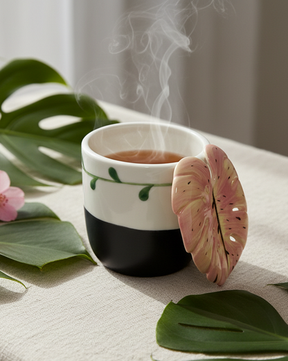 A ceramic cup with a white upper half, black lower half, and green leaf accents, filled with steaming tea and balanced by a pink monstera leaf-shaped lid or coaster on a beige fabric surface with green leaves.