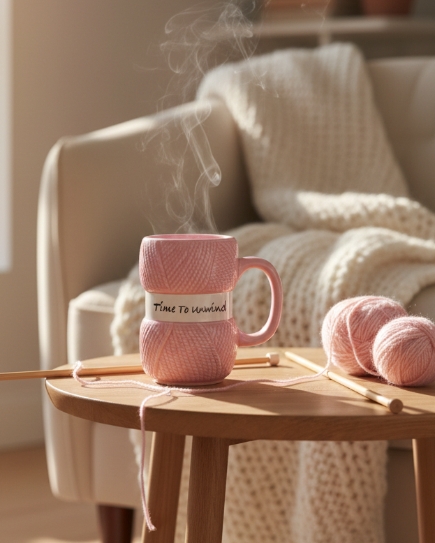 A pink ceramic mug with knitting yarn stacked on the front, placed on a small wooden table in a cozy living room. Knitting needles, more yarn balls, a cream knit blanket draped over an armchair, and warm sunlight streaming in are visible.