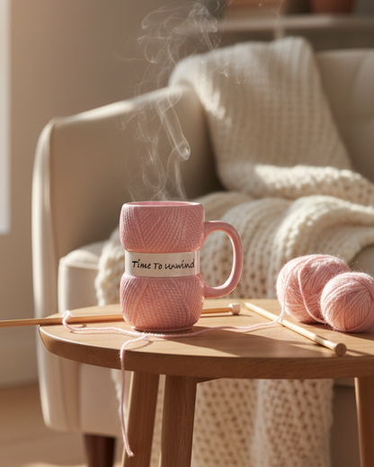 A pink ceramic mug with knitting yarn stacked on the front, placed on a small wooden table in a cozy living room. Knitting needles, more yarn balls, a cream knit blanket draped over an armchair, and warm sunlight streaming in are visible.
