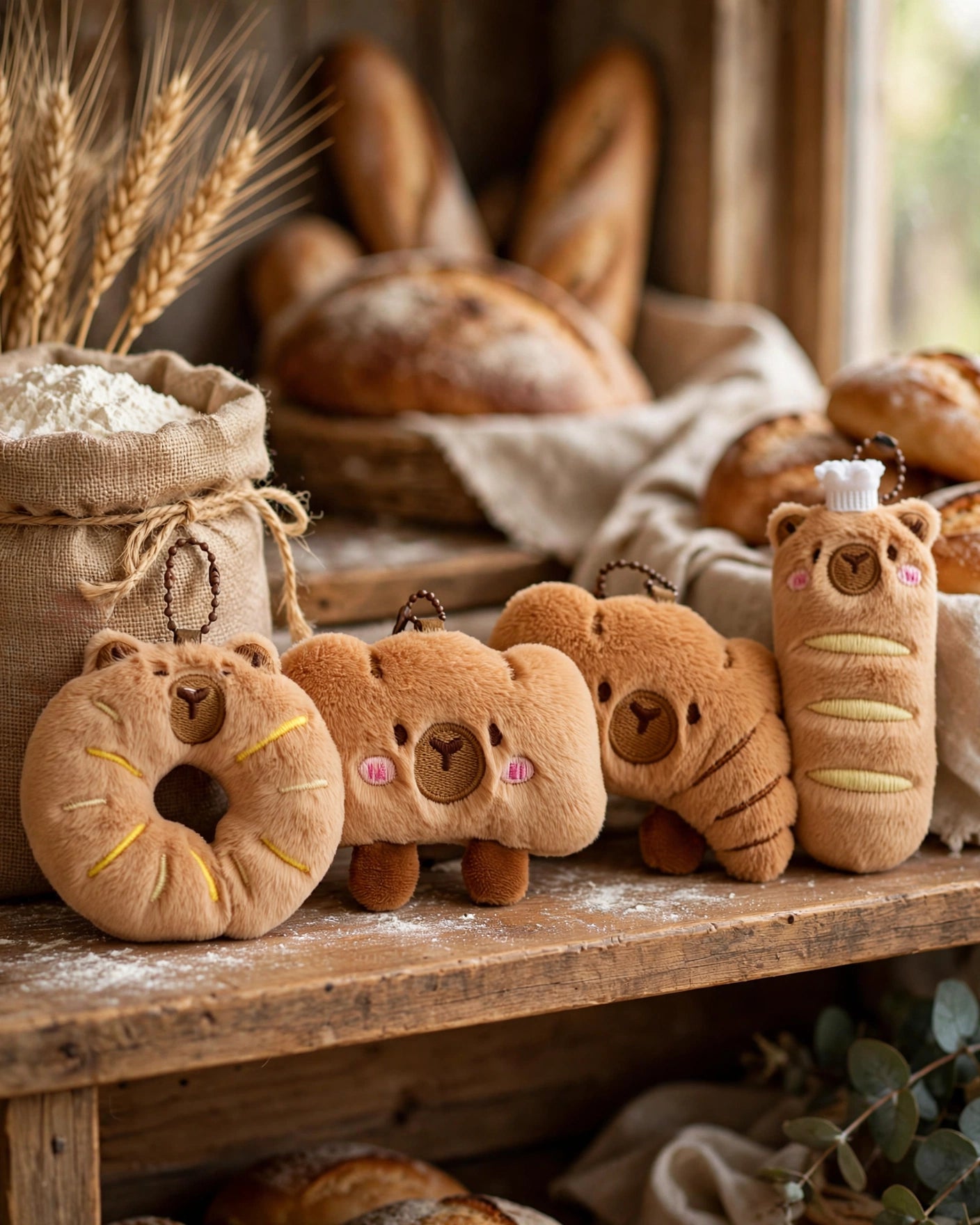 Four plush bread-themed toys arranged on a rustic wooden shelf with bread, wheat, and flour props in the background. The toys resemble a donut, two teddy bears, a croissant, and a baguette, all in warm tan and brown tones.