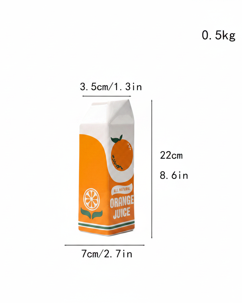 A carton-shaped orange juice product shown with dimension labels: 3.5 cm width at the top, 7 cm width at the bottom, and 22 cm height, on a plain white background.