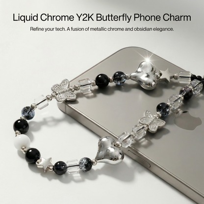Y2K Chrome Butterfly Phone Charm Strap – Beaded Wristlet & Bag Charm