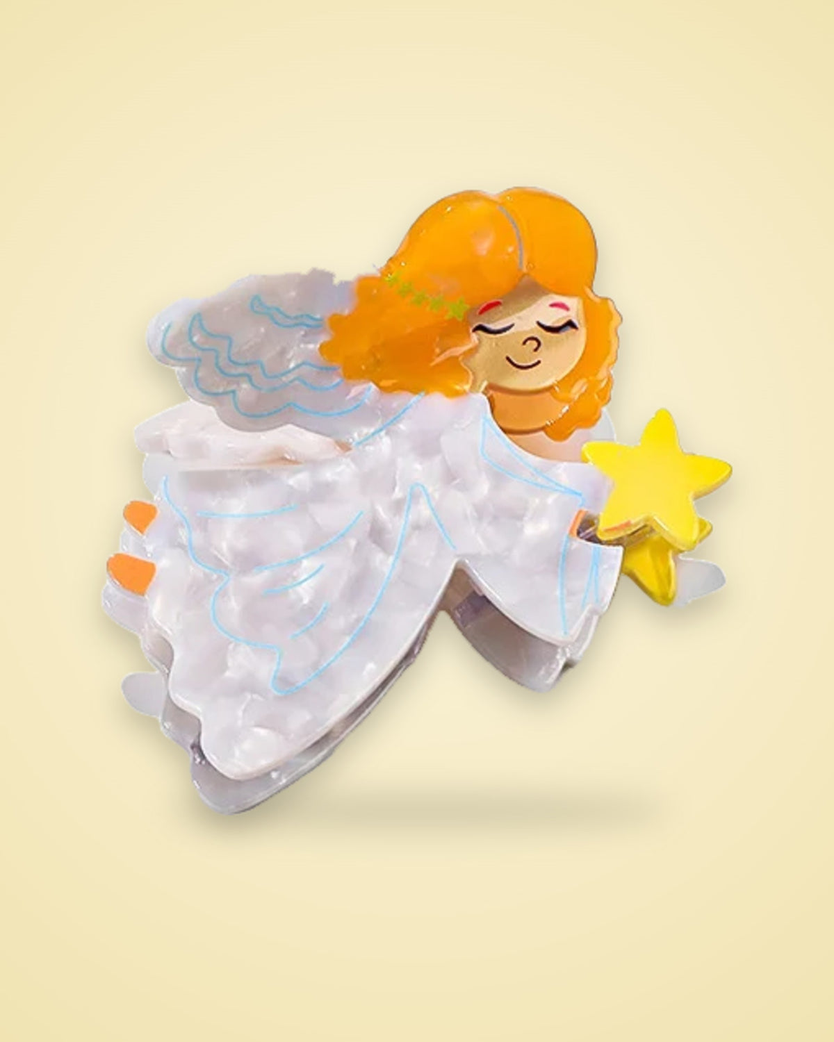 Starry Dreamer sleeping angel acetate claw clip holding a yellow star