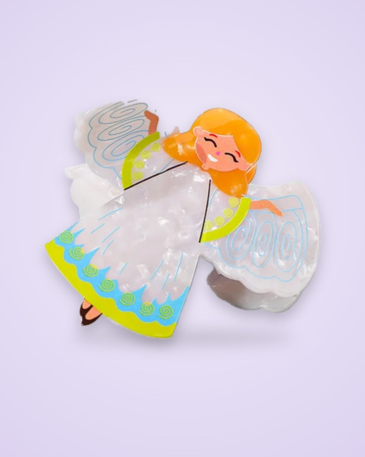 Sunny Halo smiling angel acetate claw clip with mint and yellow trimmed dress
