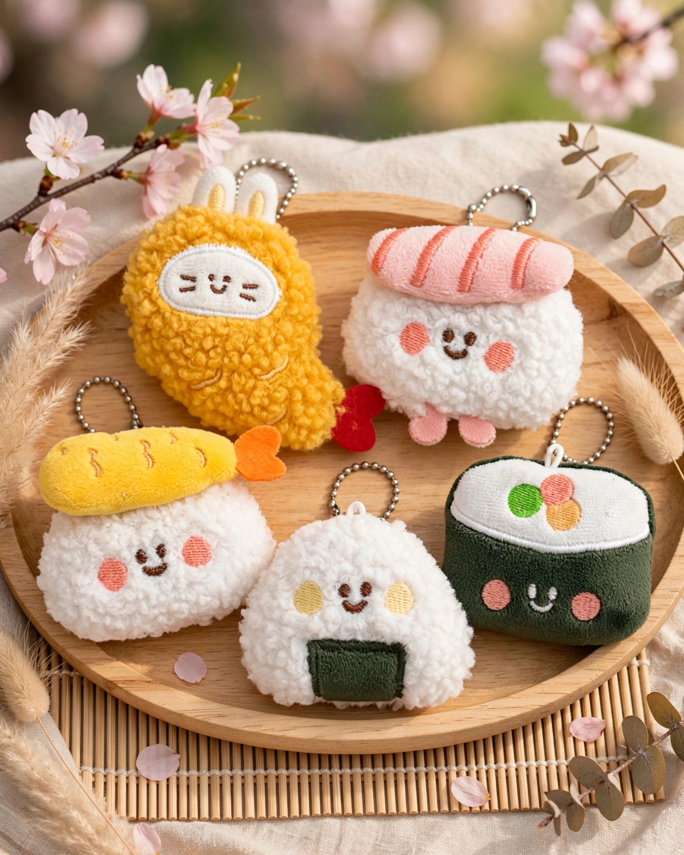 Five cute plush sushi-themed keychains arranged on a round wooden tray with decorative dried grass and cherry blossoms. The keychains include a yellow fluffy character, pink-and-white sushi pieces, white onigiri and maki designs with embroidered facial features and small metal key rings.